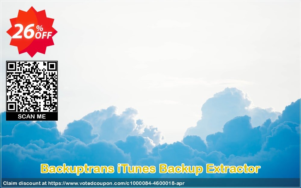 Backuptrans iTunes Backup Extractor Coupon, discount Backuptrans iTunes Backup Extractor (Personal Edition) awesome promotions code 2024. Promotion: exclusive discounts code of Backuptrans iTunes Backup Extractor (Personal Edition) 2024