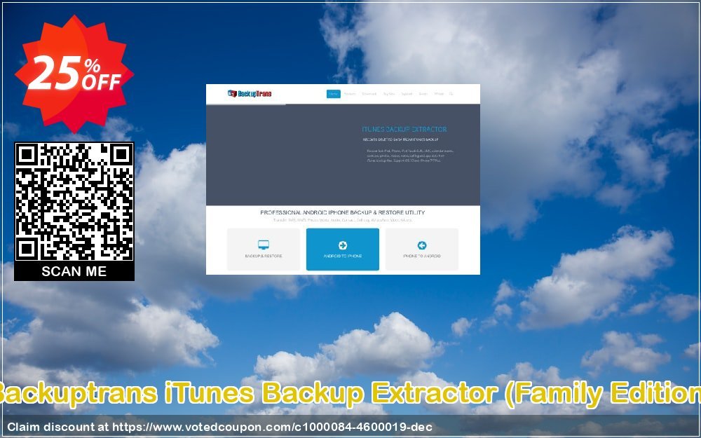 Backuptrans iTunes Backup Extractor, Family Edition  Coupon, discount Backuptrans iTunes Backup Extractor (Family Edition) wonderful sales code 2024. Promotion: awesome promotions code of Backuptrans iTunes Backup Extractor (Family Edition) 2024