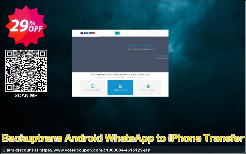 Backuptrans Android WhatsApp to iPhone Transfer Coupon, discount Backuptrans Android WhatsApp to iPhone Transfer (Personal Edition) excellent discount code 2023. Promotion: dreaded offer code of Backuptrans Android WhatsApp to iPhone Transfer (Personal Edition) 2023