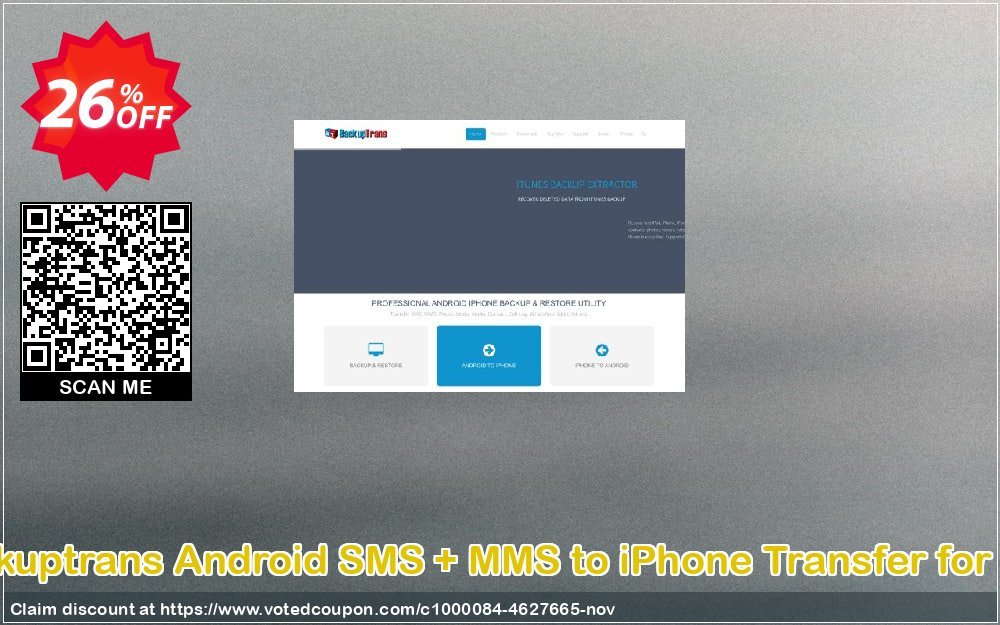 Backuptrans Android SMS + MMS to iPhone Transfer for MAC Coupon, discount Holiday Deals. Promotion: awesome offer code of Backuptrans Android SMS + MMS to iPhone Transfer for Mac (Personal Edition) 2024