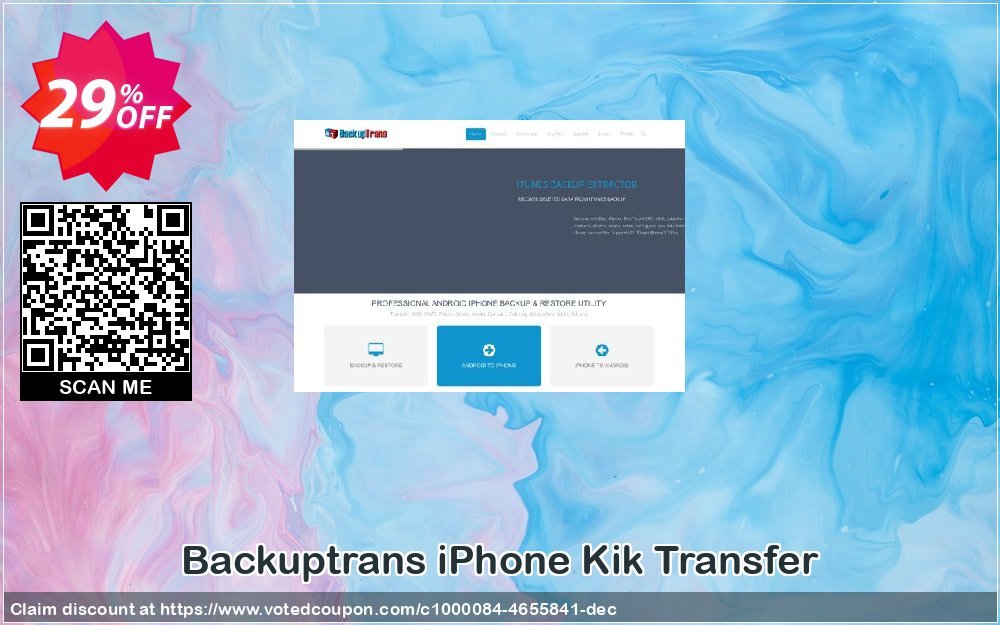 Backuptrans iPhone Kik Transfer Coupon, discount Backuptrans iPhone Kik Transfer (Personal Edition) amazing promo code 2024. Promotion: wonderful discount code of Backuptrans iPhone Kik Transfer (Personal Edition) 2024