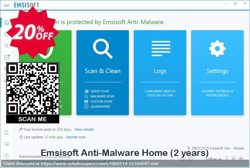 Emsisoft Anti-Malware Home, 2 years  Coupon, discount Emsisoft Anti-Malware Home excellent deals code 2024. Promotion: excellent deals code of Emsisoft Anti-Malware Home 2024