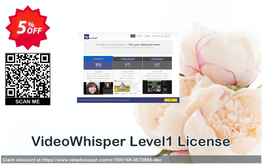 VideoWhisper Level1 Plan Coupon, discount Give Me Five 5% Discount. Promotion: hottest offer code of VideoWhisper Level1 License 2023