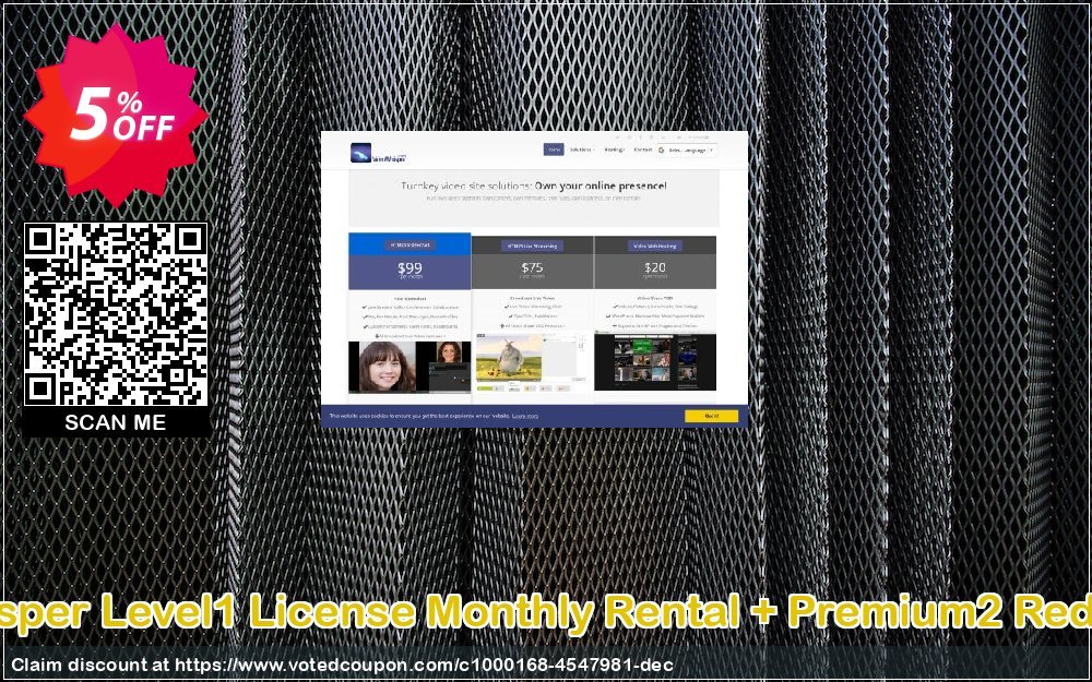 VideoWhisper Level1 Plan Monthly Rental + Premium2 Red5 Hosting Coupon, discount Give Me Five 5% Discount. Promotion: marvelous sales code of VideoWhisper Level1 License Monthly Rental + Premium2 Red5 Hosting 2023