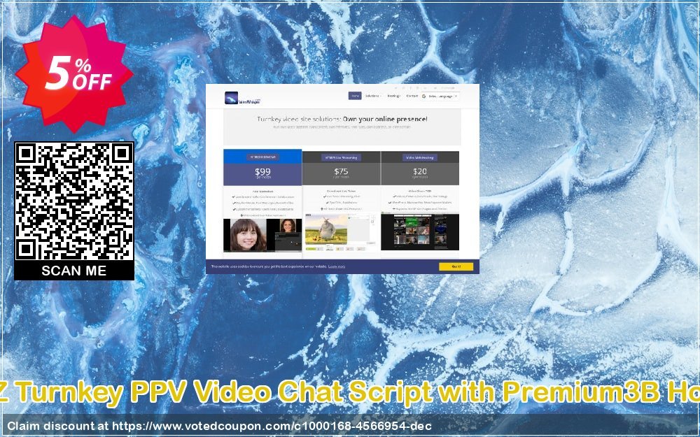 VideoGirls BiZ Turnkey PPV Video Chat Script with Premium3B Hosting Monthly Coupon, discount Give Me Five 5% Discount. Promotion: dreaded discount code of VideoGirls BiZ Turnkey PPV Video Chat Script with Premium3B Hosting Monthly 2023