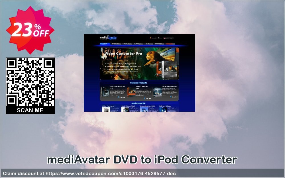 mediAvatar DVD to iPod Converter Coupon, discount mediAvatar DVD to iPod Converter formidable promotions code 2024. Promotion: formidable promotions code of mediAvatar DVD to iPod Converter 2024