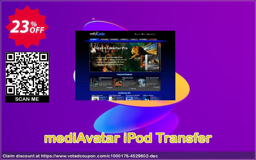 mediAvatar iPod Transfer Coupon, discount mediAvatar iPod Transfer dreaded discount code 2024. Promotion: dreaded discount code of mediAvatar iPod Transfer 2024
