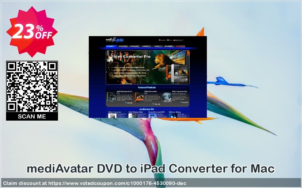 mediAvatar DVD to iPad Converter for MAC Coupon, discount mediAvatar DVD to iPad Converter for Mac awful deals code 2024. Promotion: awful deals code of mediAvatar DVD to iPad Converter for Mac 2024