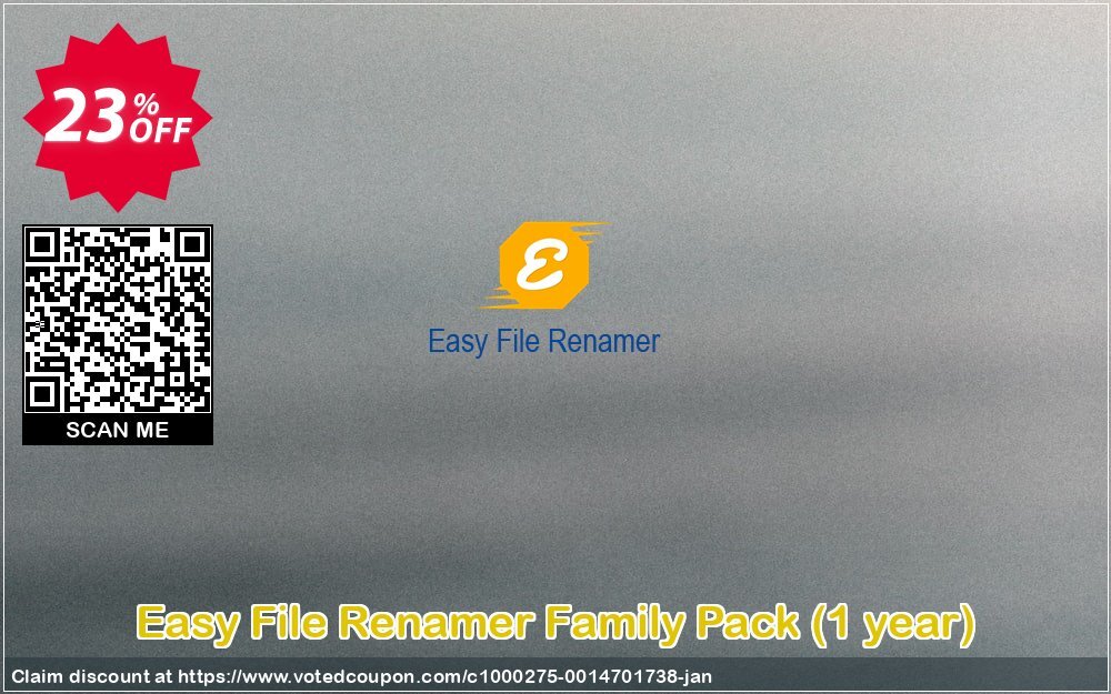 Easy File Renamer Family Pack, Yearly  Coupon, discount 20% OFF Easy File Renamer Family Pack (1 year), verified. Promotion: Imposing deals code of Easy File Renamer Family Pack (1 year), tested & approved