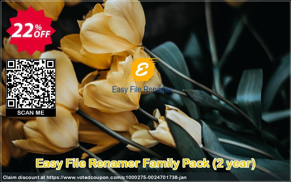 Easy File Renamer Family Pack, 2 year  Coupon, discount 20% OFF Easy File Renamer Family Pack (2 year), verified. Promotion: Imposing deals code of Easy File Renamer Family Pack (2 year), tested & approved