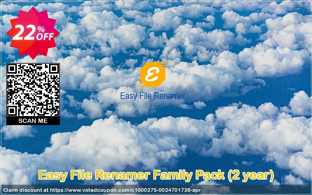 Easy File Renamer Family Pack, 2 year  Coupon, discount 20% OFF Easy File Renamer Family Pack (2 year), verified. Promotion: Imposing deals code of Easy File Renamer Family Pack (2 year), tested & approved