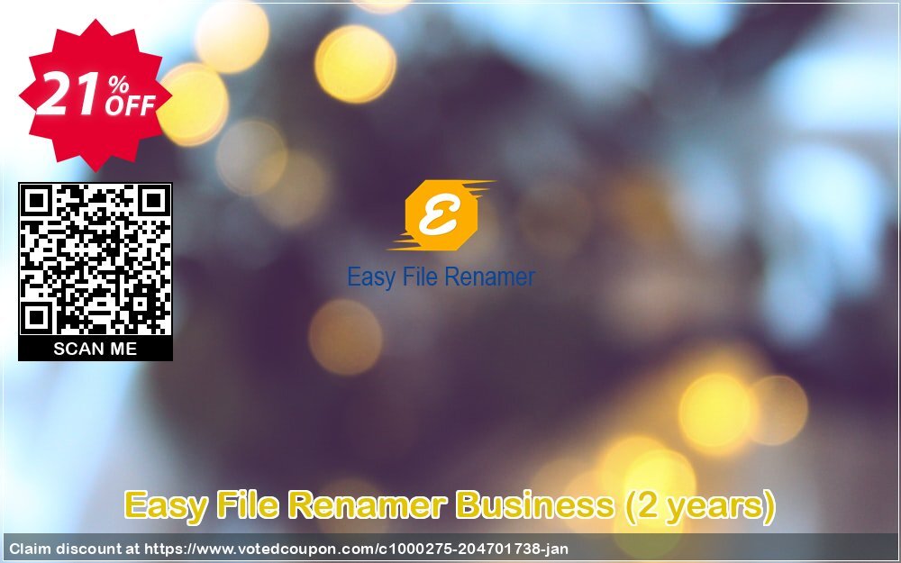 Easy File Renamer Business, 2 years  Coupon, discount 20% OFF Easy File Renamer Business (2 years), verified. Promotion: Imposing deals code of Easy File Renamer Business (2 years), tested & approved