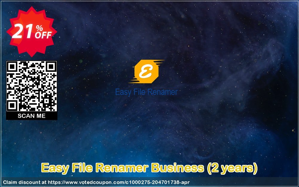 Easy File Renamer Business, 2 years  Coupon, discount 20% OFF Easy File Renamer Business (2 years), verified. Promotion: Imposing deals code of Easy File Renamer Business (2 years), tested & approved