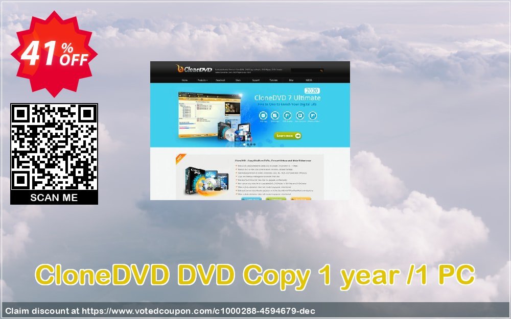 CloneDVD DVD Copy Yearly /1 PC Coupon, discount CloneDVD DVD Copy 1 year /1 PC special offer code 2023. Promotion: special offer code of CloneDVD DVD Copy 1 year /1 PC 2023