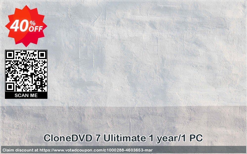 CloneDVD 7 Ulitimate Yearly/1 PC Coupon, discount CloneDVD 7 Ulitimate 1 year/1 PC amazing offer code 2024. Promotion: amazing offer code of CloneDVD 7 Ulitimate 1 year/1 PC 2024