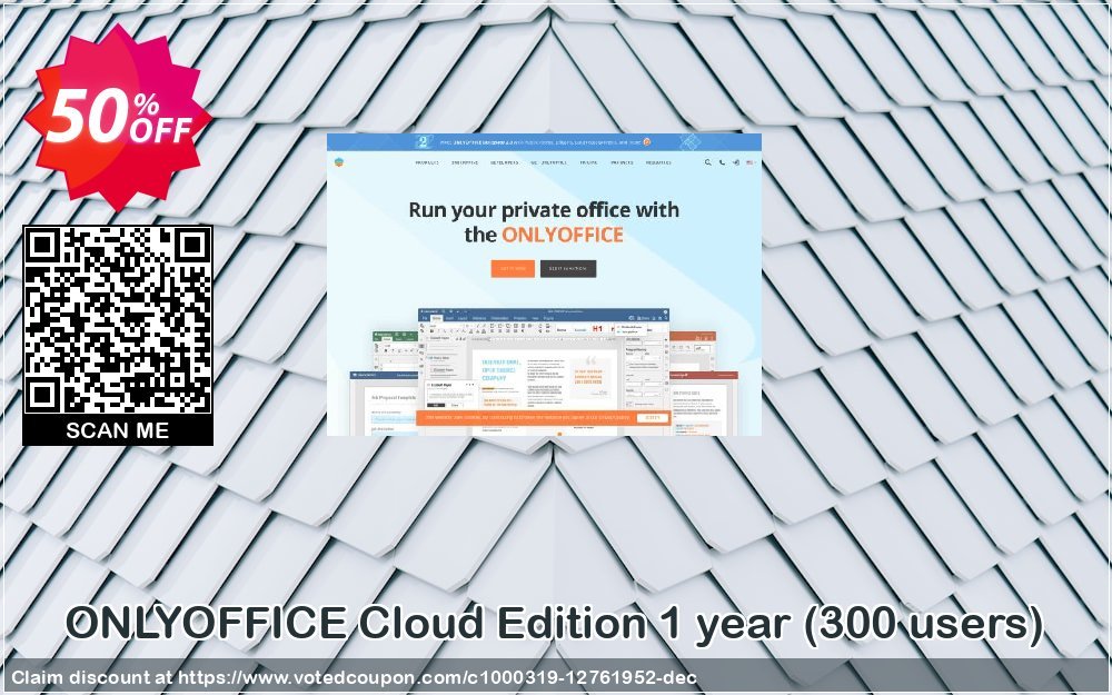 ONLYOFFICE Cloud Edition Yearly, 300 users  Coupon, discount 50% OFF ONLYOFFICE Cloud Edition 1 year (300 users), verified. Promotion: Stunning discount code of ONLYOFFICE Cloud Edition 1 year (300 users), tested & approved