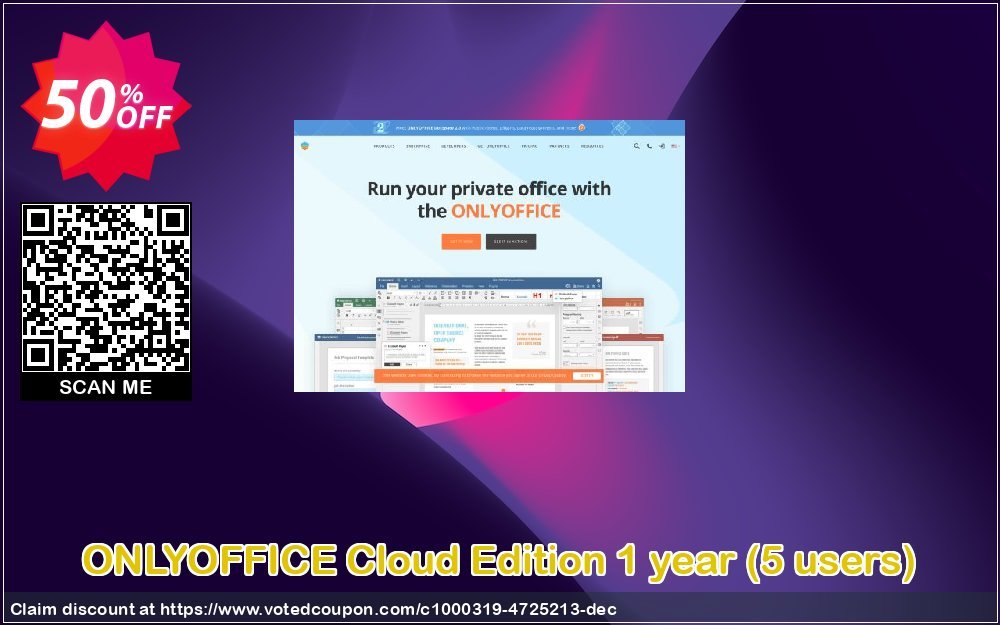 ONLYOFFICE Cloud Edition Yearly, 5 users  Coupon, discount 50% OFF ONLYOFFICE Cloud Edition 1 year (5 users), verified. Promotion: Stunning discount code of ONLYOFFICE Cloud Edition 1 year (5 users), tested & approved