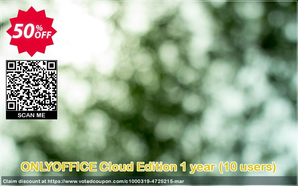 ONLYOFFICE Cloud Edition Yearly, 10 users  Coupon, discount 50% OFF ONLYOFFICE Cloud Edition 1 year (10 users), verified. Promotion: Stunning discount code of ONLYOFFICE Cloud Edition 1 year (10 users), tested & approved