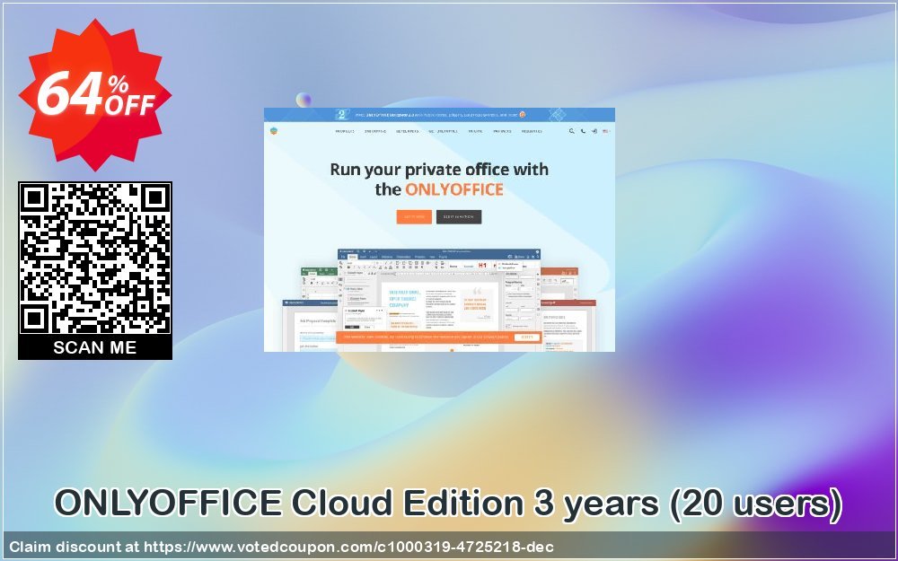 ONLYOFFICE Cloud Edition 3 years, 20 users  Coupon, discount 64% OFF ONLYOFFICE Cloud Edition 3 years (20 users), verified. Promotion: Stunning discount code of ONLYOFFICE Cloud Edition 3 years (20 users), tested & approved