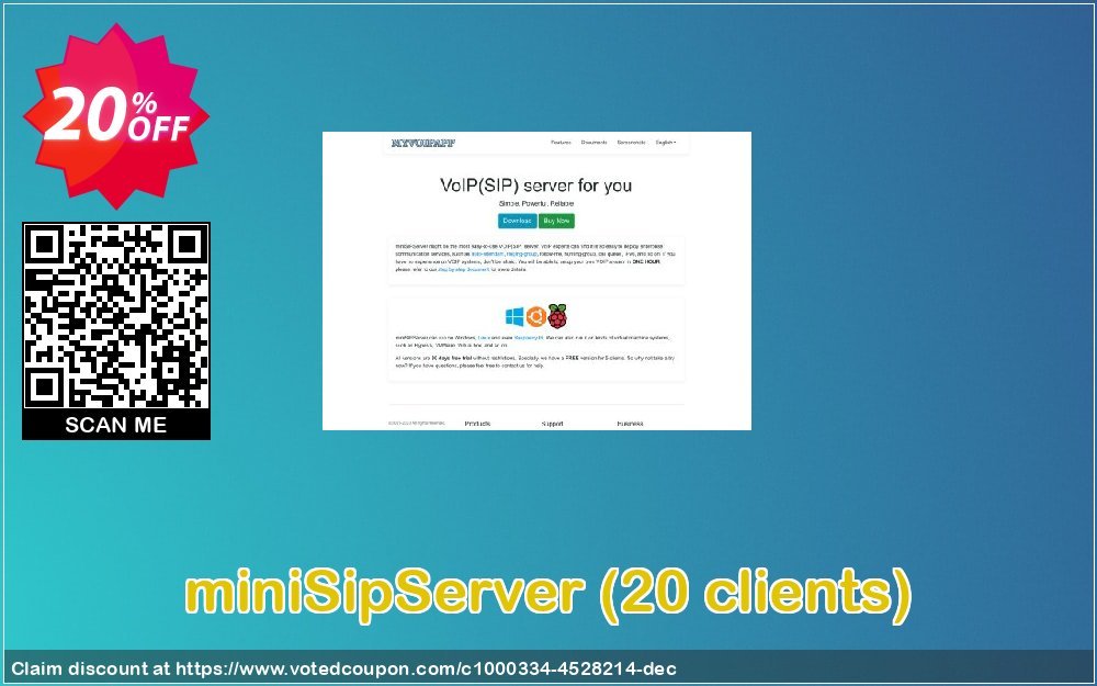 miniSipServer, 20 clients  Coupon, discount miniSipServer (20 clients) staggering discount code 2023. Promotion: staggering discount code of miniSipServer (20 clients) 2023