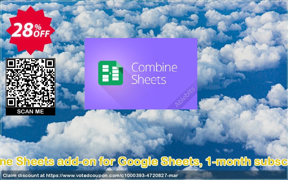 Combine Sheets add-on for Google Sheets, 1-month subscription Coupon, discount Combine Sheets add-on for Google Sheets, 1-month subscription awful promo code 2024. Promotion: awful promo code of Combine Sheets add-on for Google Sheets, 1-month subscription 2024