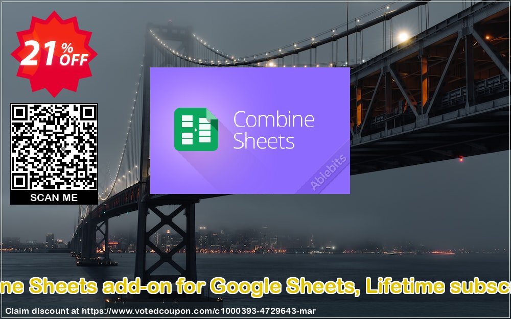 Combine Sheets add-on for Google Sheets, Lifetime subscription Coupon, discount Combine Sheets add-on for Google Sheets, Lifetime subscription exclusive sales code 2024. Promotion: exclusive sales code of Combine Sheets add-on for Google Sheets, Lifetime subscription 2024