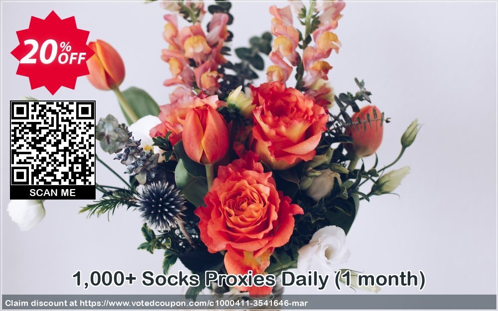 1,000+ Socks Proxies Daily, Monthly  Coupon, discount 1,000+ Socks Proxies Daily (1 month) special deals code 2024. Promotion: special deals code of 1,000+ Socks Proxies Daily (1 month) 2024