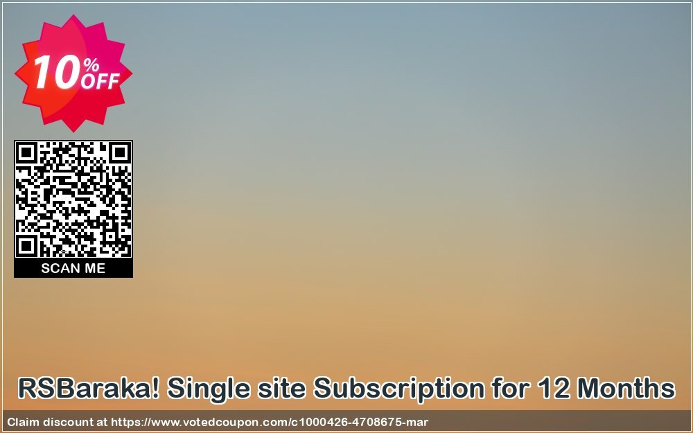 RSBaraka! Single site Subscription for 12 Months Coupon, discount RSBaraka! Single site Subscription for 12 Months impressive promo code 2024. Promotion: impressive promo code of RSBaraka! Single site Subscription for 12 Months 2024