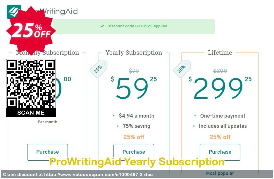 ProWritingAid Yearly Subscription Coupon, discount 25% OFF ProWritingAid Yearly Subscription, verified. Promotion: Hottest promotions code of ProWritingAid Yearly Subscription, tested & approved