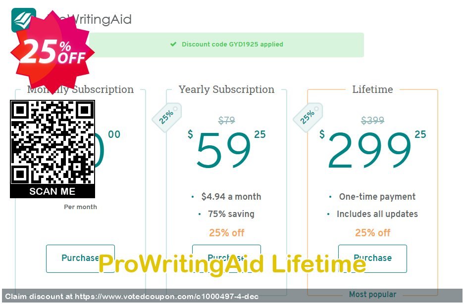 ProWritingAid Lifetime Coupon, discount 25% OFF ProWritingAid Lifetime, verified. Promotion: Hottest promotions code of ProWritingAid Lifetime, tested & approved