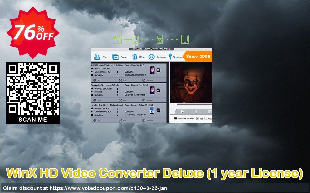 WinX HD Video Converter Deluxe, Yearly Plan  Coupon, discount 75% OFF WinX HD Video Converter Deluxe (1 year License), verified. Promotion: Exclusive promo code of WinX HD Video Converter Deluxe (1 year License), tested & approved