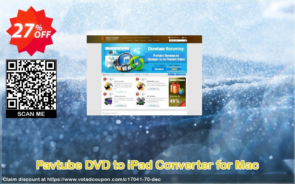 Pavtube DVD to iPad Converter for MAC Coupon, discount Pavtube Studio discount coupon (17041). Promotion: Pavtube Studio coupon codes (17041)