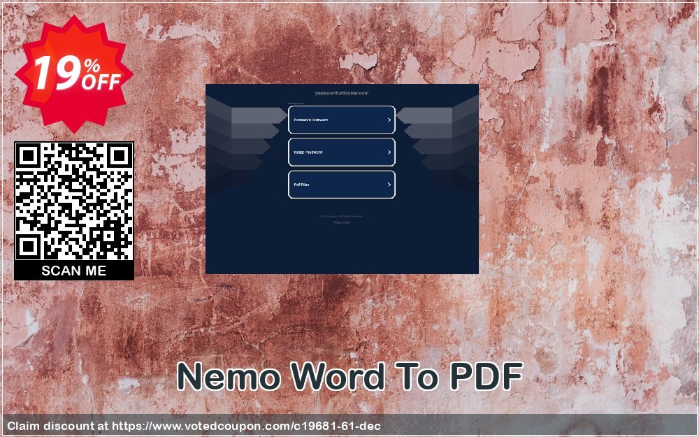 Nemo Word To PDF Coupon, discount Password Unlocker Studio coupons (19681). Promotion: Password Unlocker coupon codes (19681)