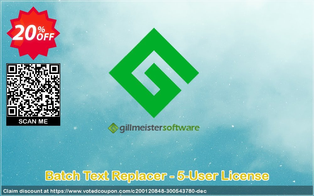 Batch Text Replacer - 5-User Plan Coupon, discount Coupon code Batch Text Replacer - 5-User License. Promotion: Batch Text Replacer - 5-User License offer from Gillmeister Software