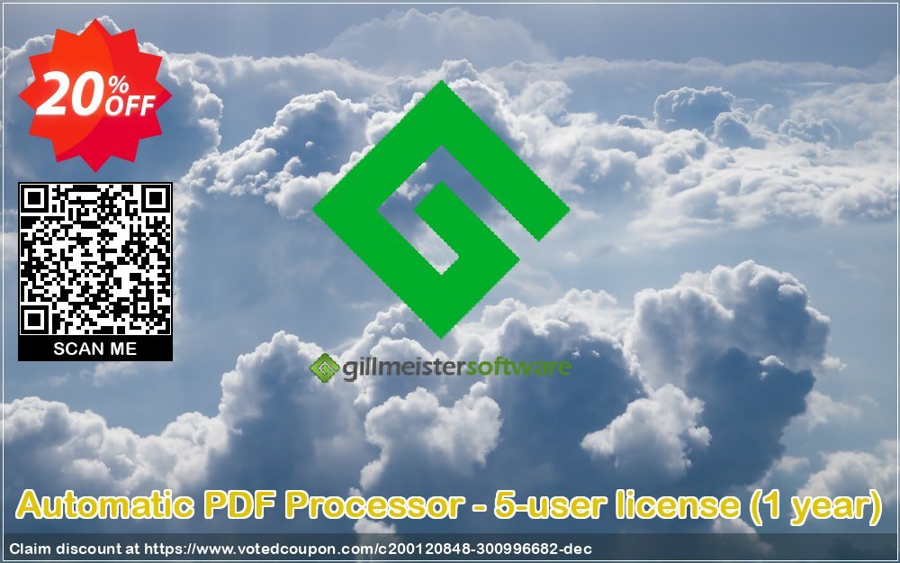 Automatic PDF Processor - 5-user Plan, Yearly  Coupon, discount Coupon code Automatic PDF Processor - 5-user license (1 year). Promotion: Automatic PDF Processor - 5-user license (1 year) offer from Gillmeister Software