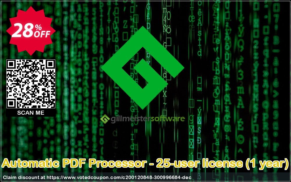 Automatic PDF Processor - 25-user Plan, Yearly  Coupon, discount Coupon code Automatic PDF Processor - 25-user license (1 year). Promotion: Automatic PDF Processor - 25-user license (1 year) offer from Gillmeister Software