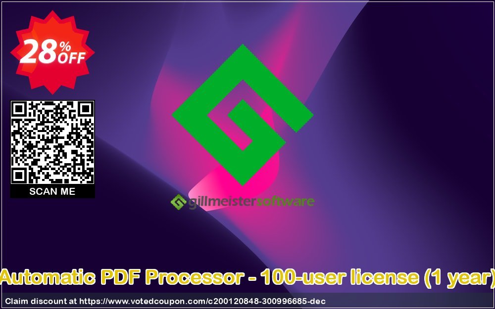 Automatic PDF Processor - 100-user Plan, Yearly  Coupon, discount Coupon code Automatic PDF Processor - 100-user license (1 year). Promotion: Automatic PDF Processor - 100-user license (1 year) offer from Gillmeister Software