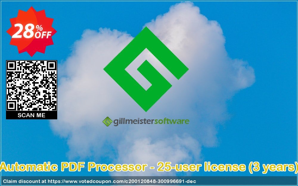 Automatic PDF Processor - 25-user Plan, 3 years  Coupon, discount Coupon code Automatic PDF Processor - 25-user license (3 years). Promotion: Automatic PDF Processor - 25-user license (3 years) offer from Gillmeister Software