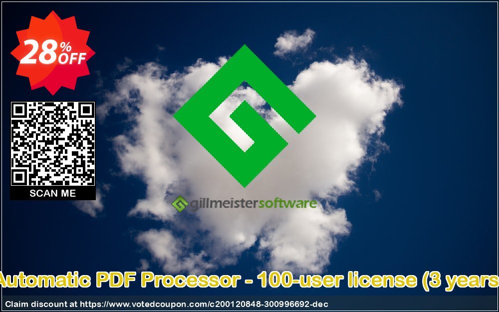 Automatic PDF Processor - 100-user Plan, 3 years  Coupon, discount Coupon code Automatic PDF Processor - 100-user license (3 years). Promotion: Automatic PDF Processor - 100-user license (3 years) offer from Gillmeister Software