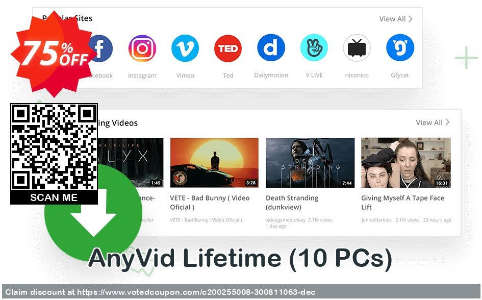 AnyVid Lifetime, 10 PCs  Coupon, discount Coupon code AnyVid Win Lifetime (10 PCs). Promotion: AnyVid Win Lifetime (10 PCs) offer from Amoyshare