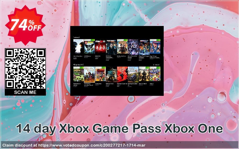 14 day Xbox Game Pass Xbox One Coupon, discount 14 day Xbox Game Pass Xbox One Deal. Promotion: 14 day Xbox Game Pass Xbox One Exclusive offer 