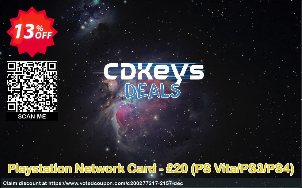 PS Network Card - £20, PS Vita/PS3/PS4  Coupon, discount Playstation Network Card - £20 (PS Vita/PS3/PS4) Deal. Promotion: Playstation Network Card - £20 (PS Vita/PS3/PS4) Exclusive offer 