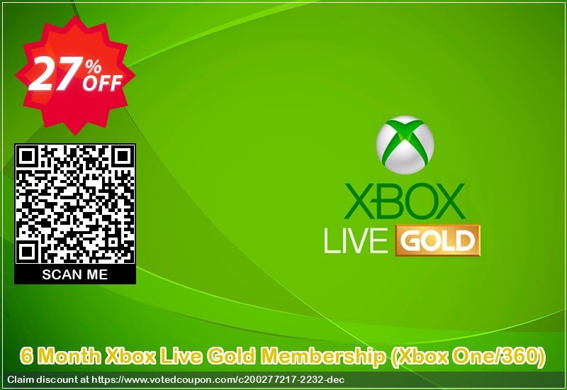 6 Month Xbox Live Gold Membership, Xbox One/360  Coupon, discount 6 Month Xbox Live Gold Membership (Xbox One/360) Deal. Promotion: 6 Month Xbox Live Gold Membership (Xbox One/360) Exclusive offer 