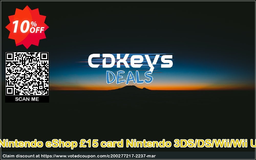 Nintendo eShop £15 card Nintendo 3DS/DS/Wii/Wii U Coupon, discount Nintendo eShop £15 card Nintendo 3DS/DS/Wii/Wii U Deal. Promotion: Nintendo eShop £15 card Nintendo 3DS/DS/Wii/Wii U Exclusive offer 