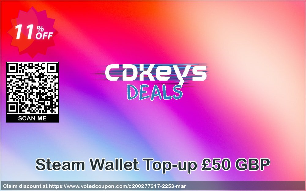 Steam Wallet Top-up £50 GBP Coupon, discount Steam Wallet Top-up £50 GBP Deal. Promotion: Steam Wallet Top-up £50 GBP Exclusive offer 