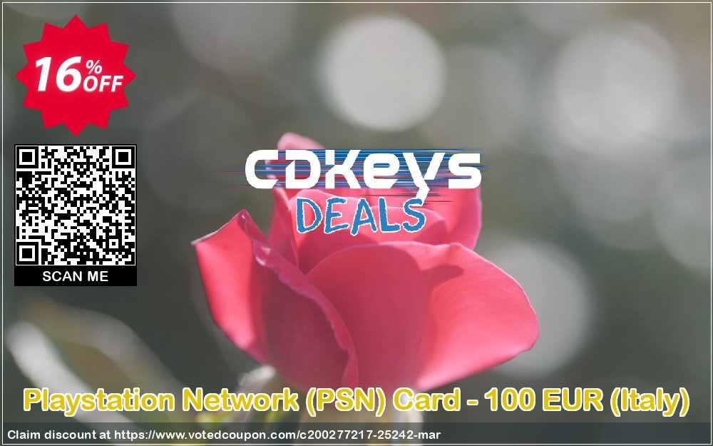 PS Network, PSN Card - 100 EUR, Italy  Coupon, discount Playstation Network (PSN) Card - 100 EUR (Italy) Deal. Promotion: Playstation Network (PSN) Card - 100 EUR (Italy) Exclusive offer 