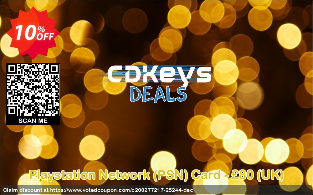 PS Network, PSN Card - £80, UK  Coupon, discount Playstation Network (PSN) Card - £80 (UK) Deal. Promotion: Playstation Network (PSN) Card - £80 (UK) Exclusive offer 