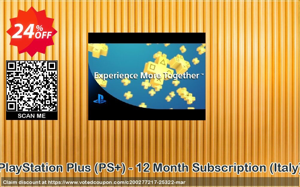 PS Plus, PS+ - 12 Month Subscription, Italy  Coupon, discount PlayStation Plus (PS+) - 12 Month Subscription (Italy) Deal. Promotion: PlayStation Plus (PS+) - 12 Month Subscription (Italy) Exclusive offer 