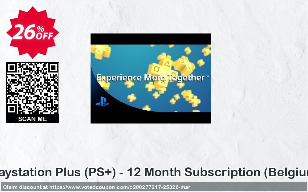 PS Plus, PS+ - 12 Month Subscription, Belgium  Coupon, discount Playstation Plus (PS+) - 12 Month Subscription (Belgium) Deal. Promotion: Playstation Plus (PS+) - 12 Month Subscription (Belgium) Exclusive offer 