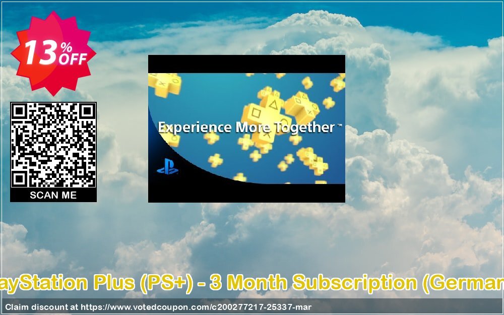 PS Plus, PS+ - 3 Month Subscription, Germany  Coupon, discount PlayStation Plus (PS+) - 3 Month Subscription (Germany) Deal. Promotion: PlayStation Plus (PS+) - 3 Month Subscription (Germany) Exclusive offer 